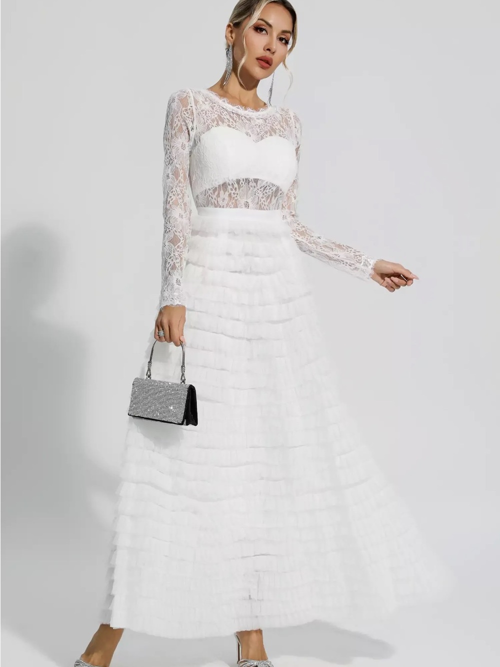 Jayleen White Hollow Lace A-line Maxi Dress